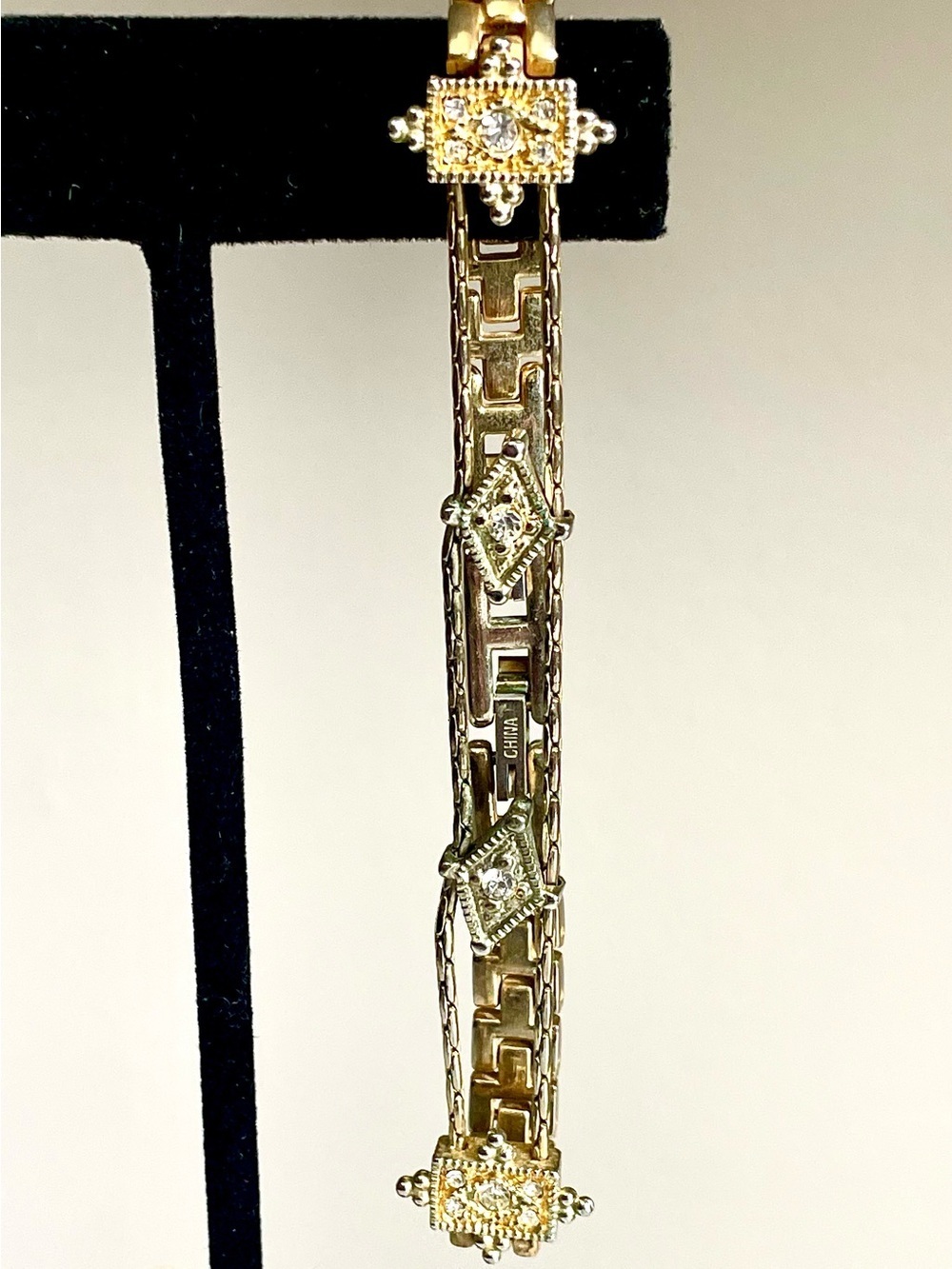 Vintage Y2K Gold Tone Rhinestone Geometric Bracelet 7.5” Adjustable Stackable